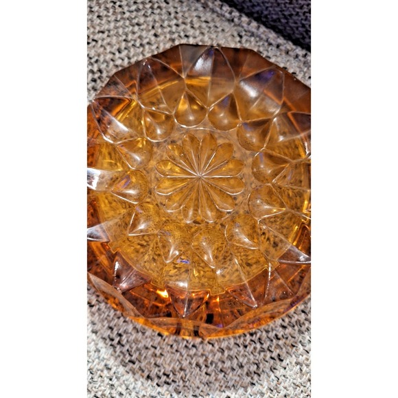 Vintage Round Amber Cut Glass Ashtray Cigarette or Trinket Dish 6-1/8" D - Picture 5 of 5